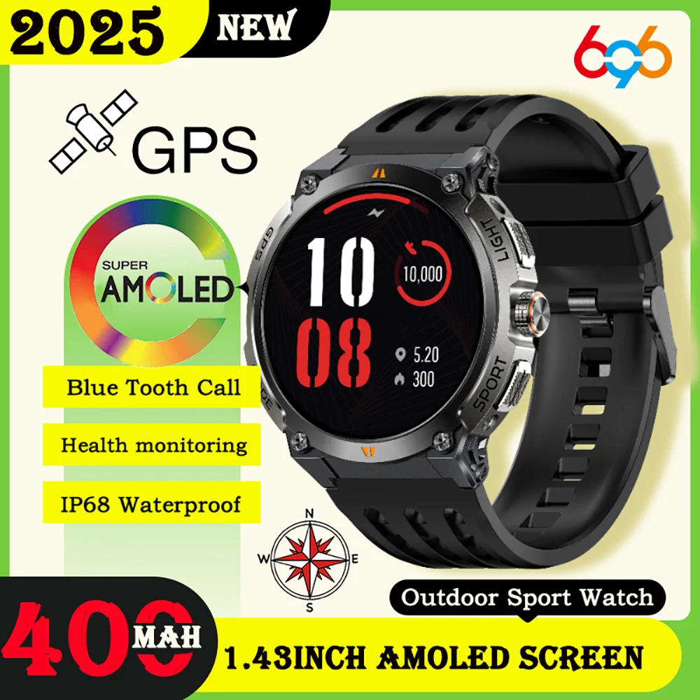 

696 часы с AMOLED-экраном для спорта на открытом воздухе, GPS-компас, умные часы, синий зуб, звонок, пульс, сон, водонепроницаемые музыкальные умные часы