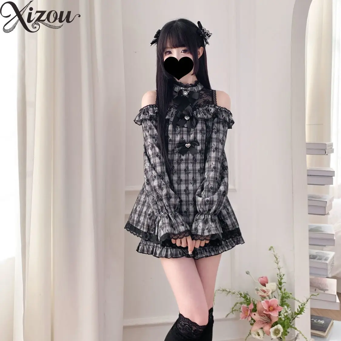 

Two Piece Sets Summer 2025 Japan Style Y2k Lace Sexy Long Sleeve Short Bow Dress Set Plaid Suit Elegant Casual Women's Oufits