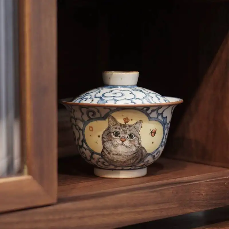 Sacred Mountain/Shanhe National Trend Creative Hand-Painted Cat Series Jingdezhen Antique-Style Ceramic Blue And White Tea Set