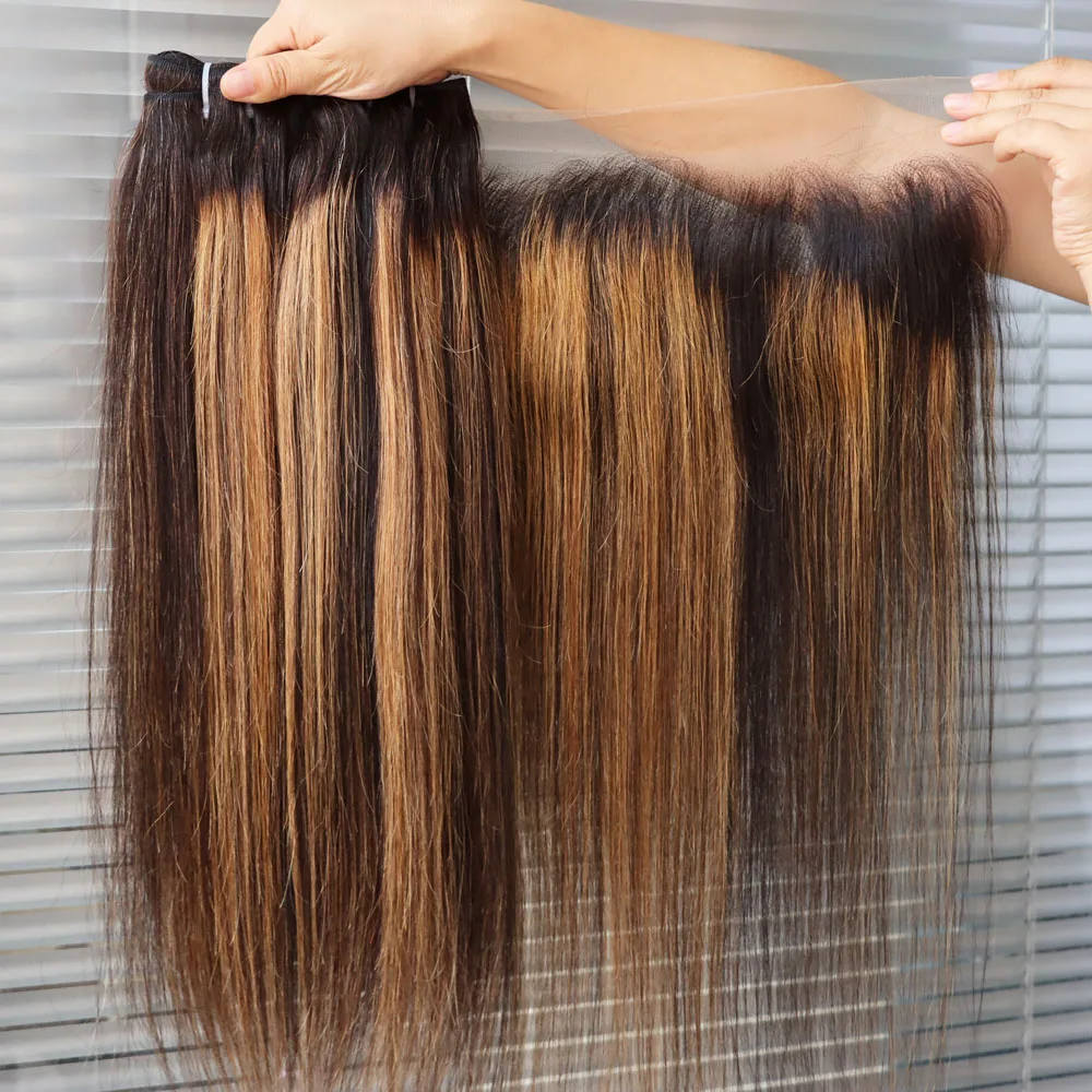 حزمة الشعر البشري مع الدانتيل إغلاق أمامي 4x4 5x5 13x4 13x6 عذراء الشعر الهندي تسليط الضوء على أومبير 1B 27 العسل شقراء كامل الرأس