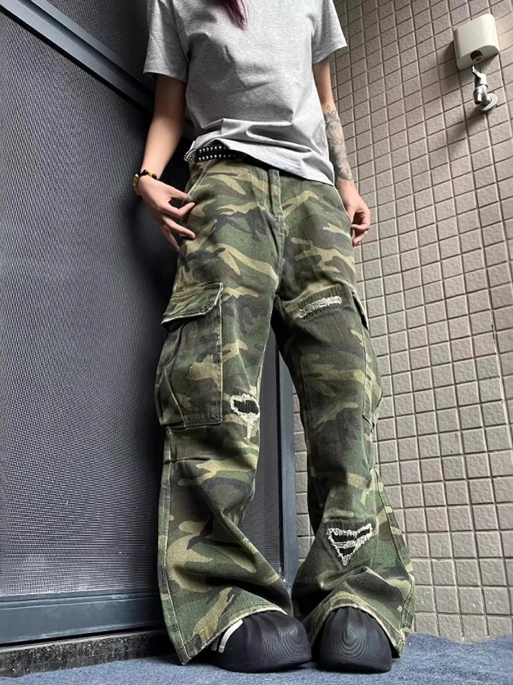 

Ретро-джинсы унисекс в американском стиле с эффектом потертости, камуфляжные, прямые и широкие, рабочие брюки с множеством карманов