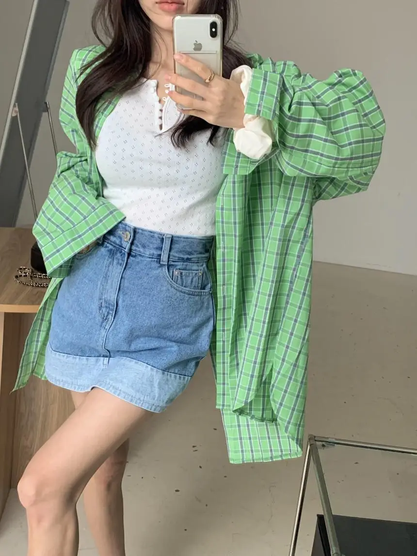 Plaid da donna irt Colletto vintage Sciolto Lazy Sle Dimagrante Versatile Protezione solare Bottone superiore Ba Cravatta Spacchi laterali