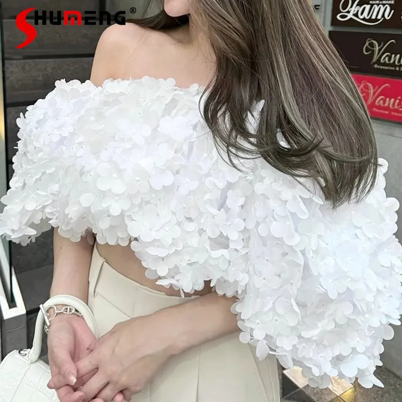 

New Japanese Rojita Blouse Three-dimensional Petal Bubble Sleeves Slash Neck Collar High-waisted Short Top White Camisas Mujer