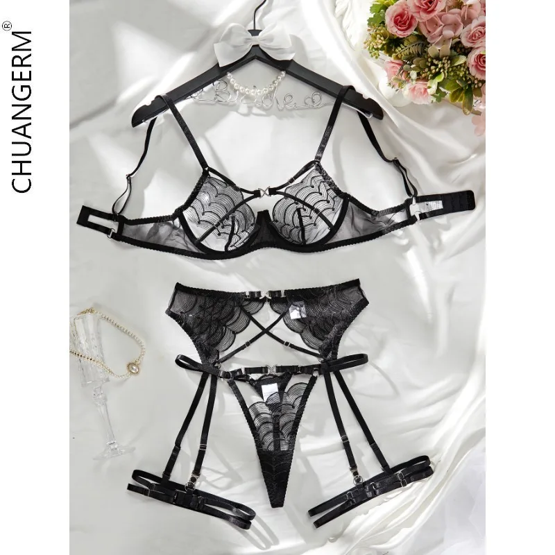 

CHUANGERM Gather Together Lingerie Embroidery Sexy Hot Women's Underwear Onlyfans Suit Bra Top Erotic Perspective Panties Set