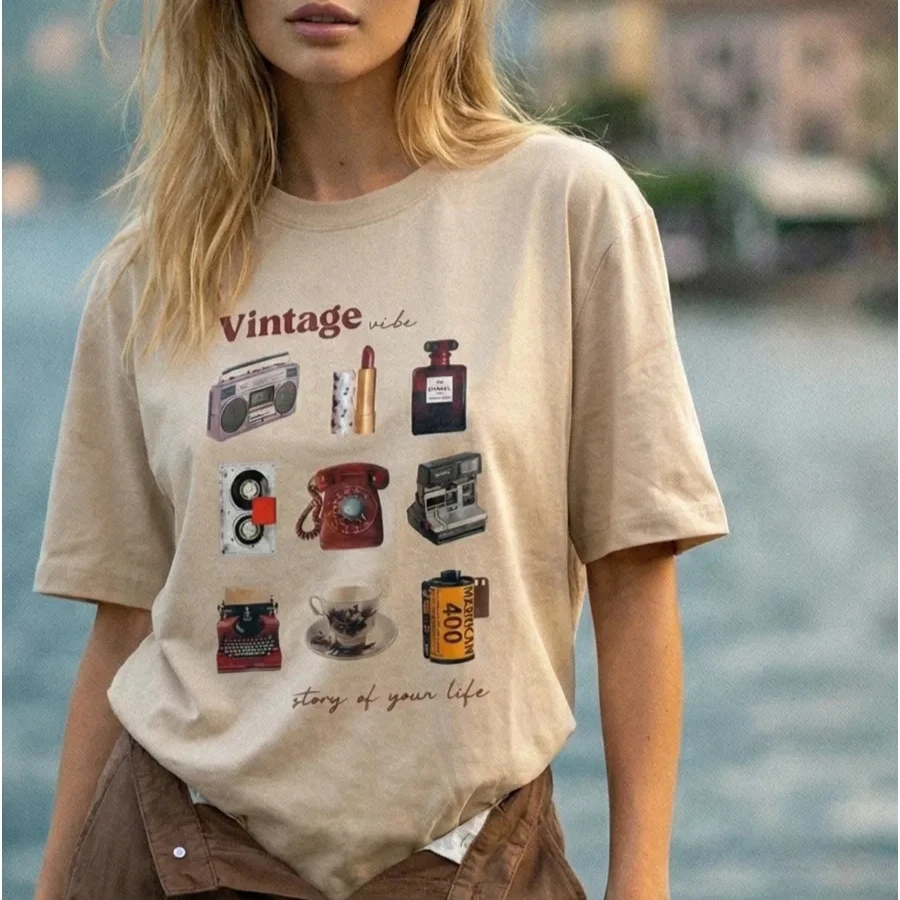 Pure Cotton Khaki Oversized Vintage Vibe Graphic T-shirt Retro 90s Nostalgic Icons Print Casual Summer Tee 