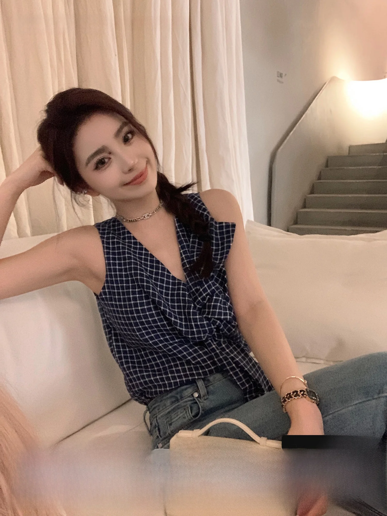 

Lilylikes Exclusive Plaid Vest 00% Linen Material Knot Svel Vest Women's Summer Faion Casual Wear