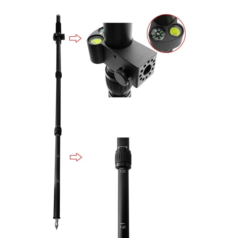 New MODEL 53cm to 150CM TELESCOPIC PORTABLE GNSS GPS SURVEYING CENTERING POLE WITH CLAMP WITH COMPASS LEVEL BUBBLE