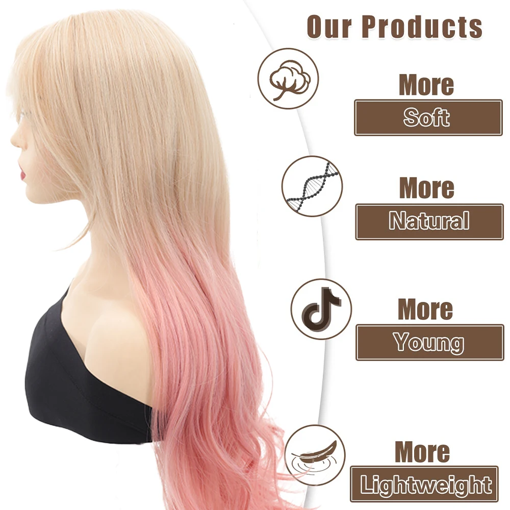 Gradient  Long Layered Wigs for Women Synthetic Curly Wig with Bangs Natural Look Middle Part Wigs with Pink Roots for Daily USE