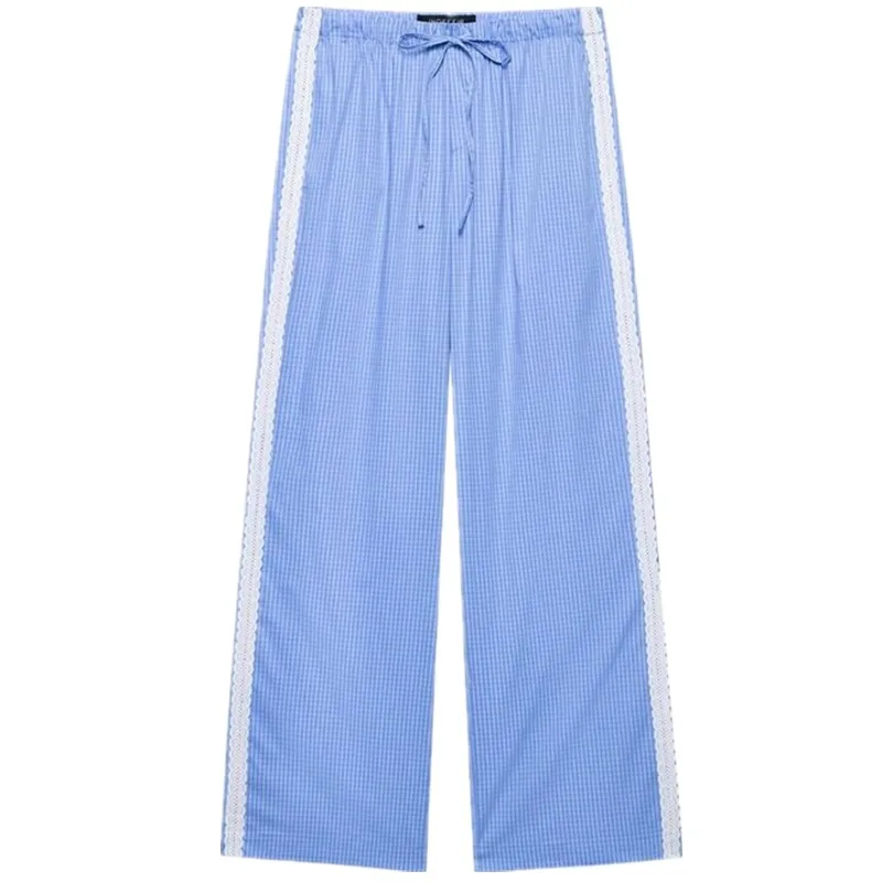 Spring 2025 Women's Faion Versatile Lace Trimmed Plaid Spwear Sle Long Pants l Waist Long Trousers All Match