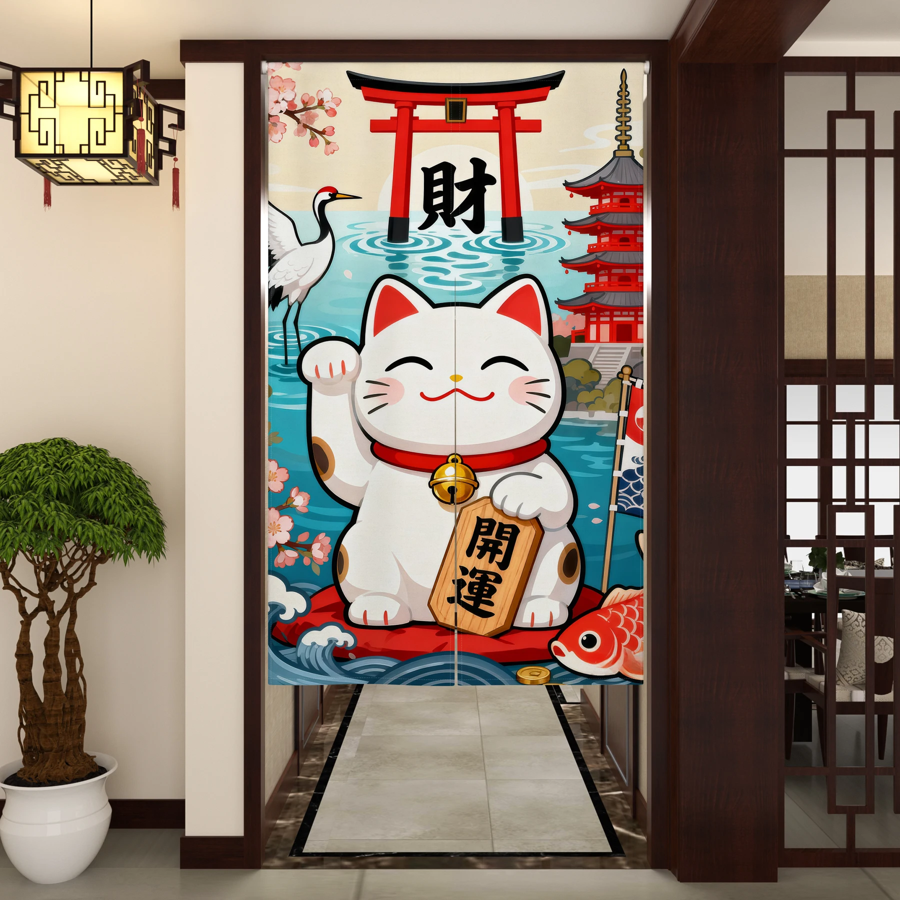 Japanese Style Noren Door Curtains Lucky Cat Pattern Izakaya Dining Room Partition Linen Doorway Curtains Kitchen Half Curtain