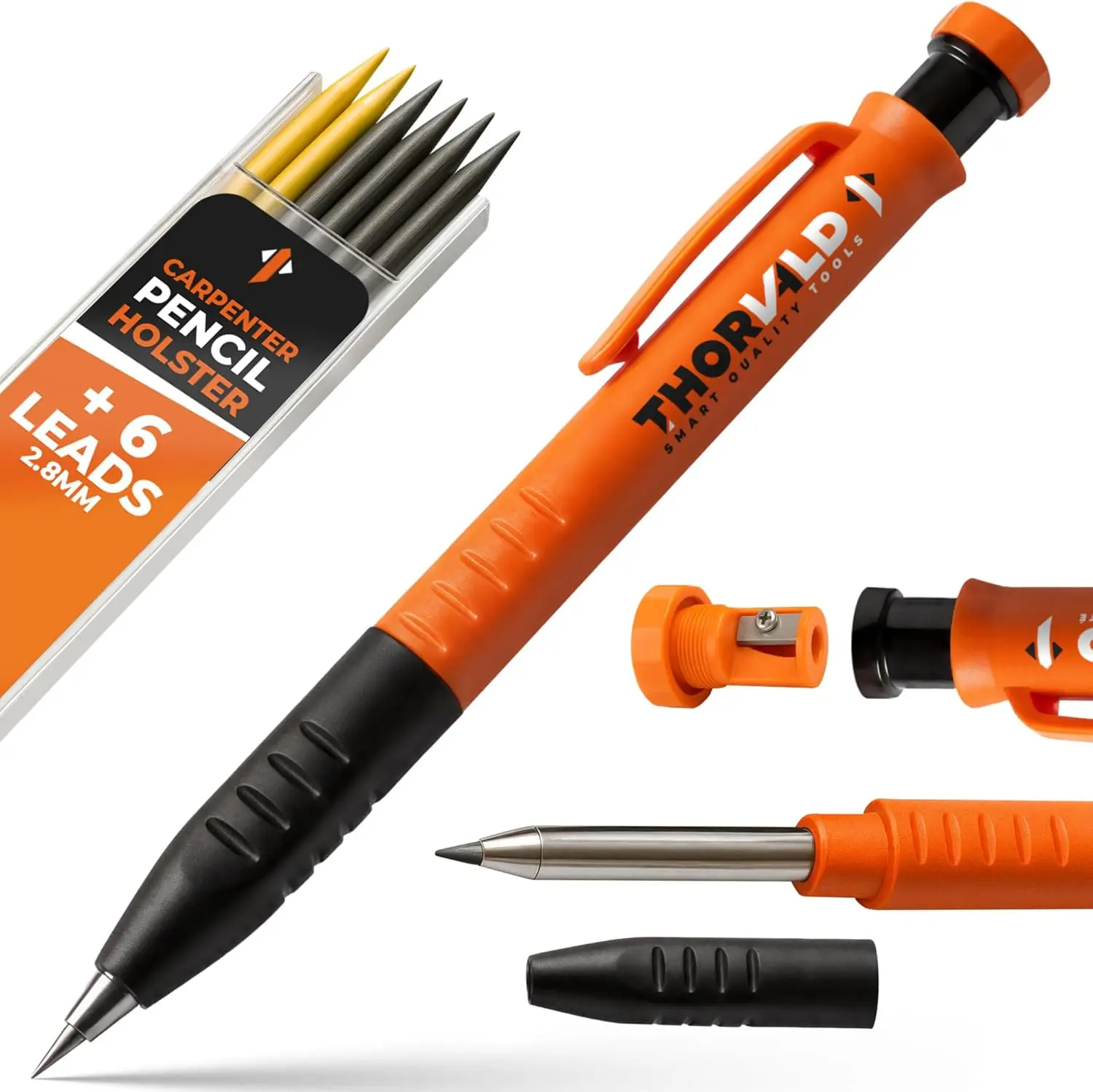 

3-in-1 Carpenter Pencil with Finger Grip, 7 Leads + Sharpener, Fine Point Marking Tool for Wood, Metal, Concrete