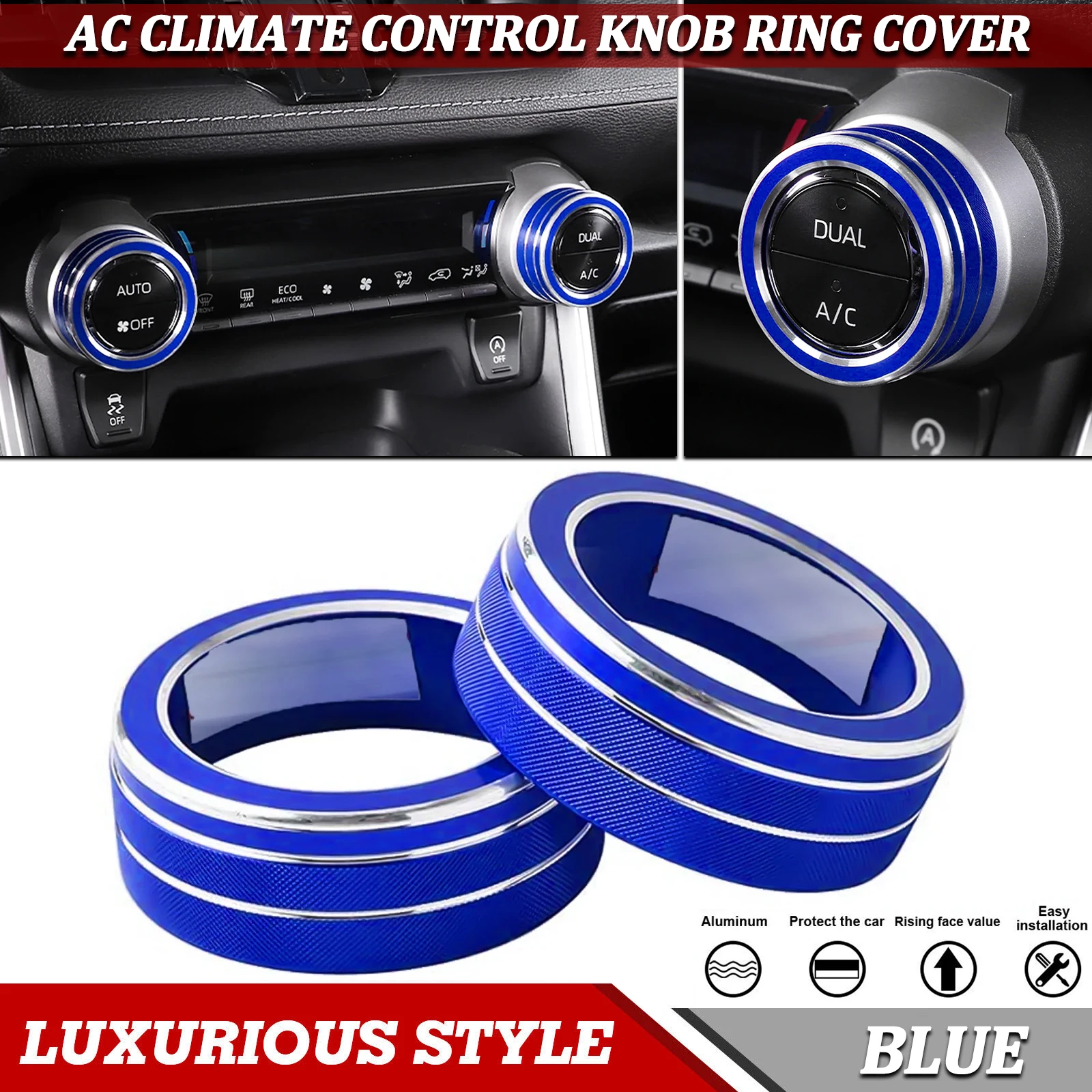 

Blue Center Console AC Climate Control Knob Switch Cover Surrounding Ring Trim Decoration For Toyota RAV4 2019 2020 2021 2022