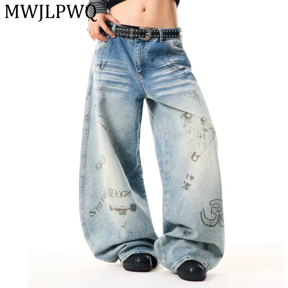 

MWJLPWQ Japanese-style Casual Jeans Men's Printed Design Streetwear Versatile Ins New Simple Stylish Wide Leg Trousers 14896