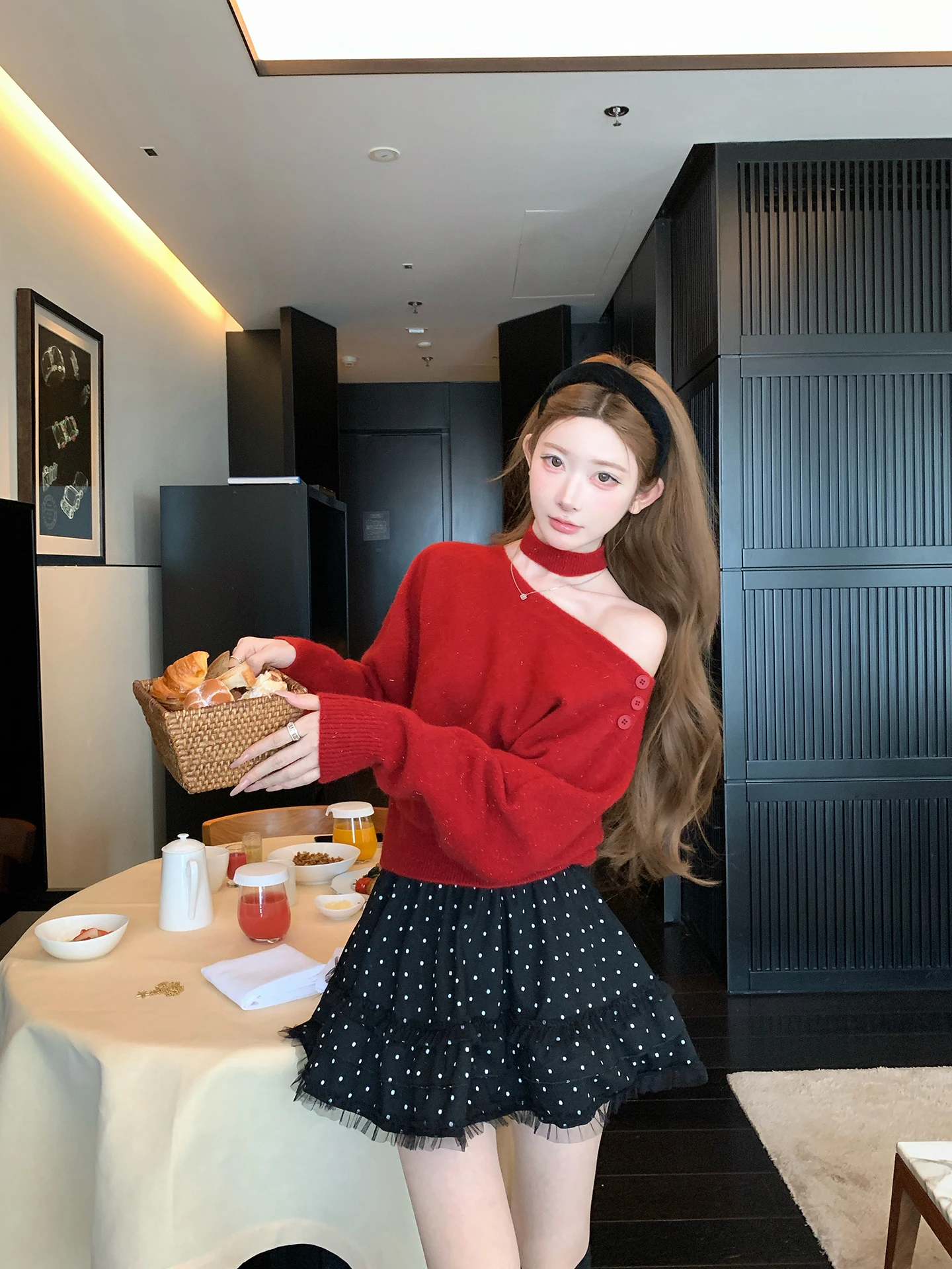 

Chen Daya New Year Red oulder Bared Thiened Knitted Sweater Women's Autumn Winter Loose Fit Soft Long Sve round Ne Top