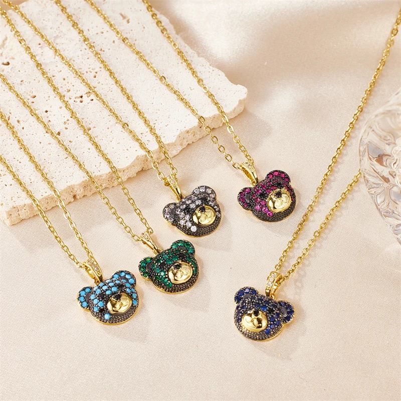 Fashion Colorful Bear Pendant Necklace INS Inlaid With Cubic Zirconia Hip-hop Clavicle Chain Accessories