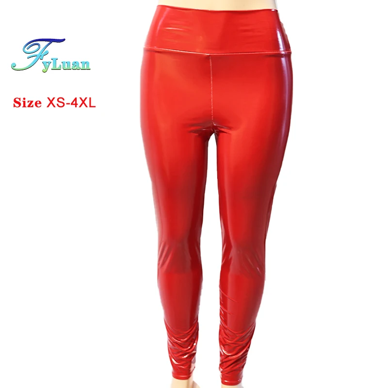 

Красные женские блестящие черные леггинсы, танцевальные брюки для дискотек из искусственной кожи, узкая уличная одежда, тонкие прямые брюки с высокой талией и мокрым эффектом