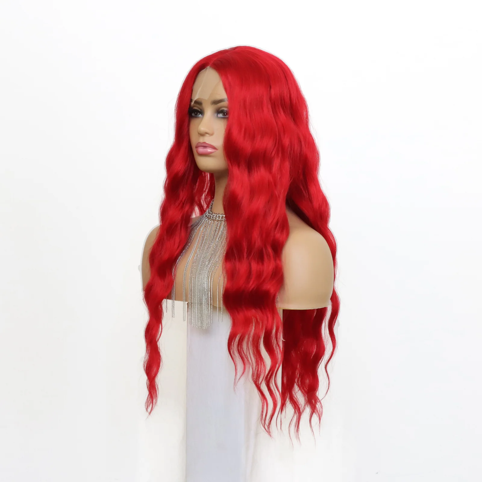 Natural Red Lace Wig Long Curly Wavy Red Wig Middle Part Natural Synthetic Costume Halloween Wigs for Women Girls