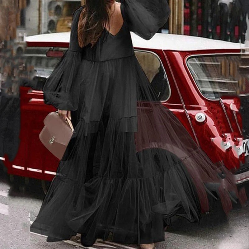 Robe longue à doublure transparente pour femme, couleur unie, rétro, ample, pull en maille, élégante, manches lanternes, col en v, robe de soirée, printemps 2025