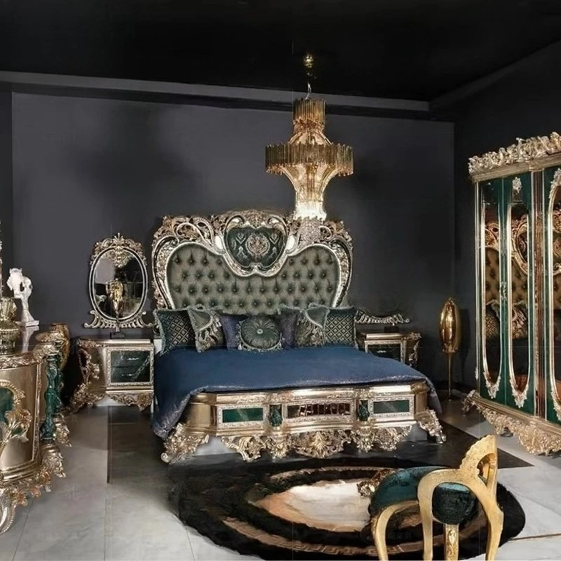 

carving flower champagne double bed combination French villa high-end custom large bedside table wedding bed wardrobe