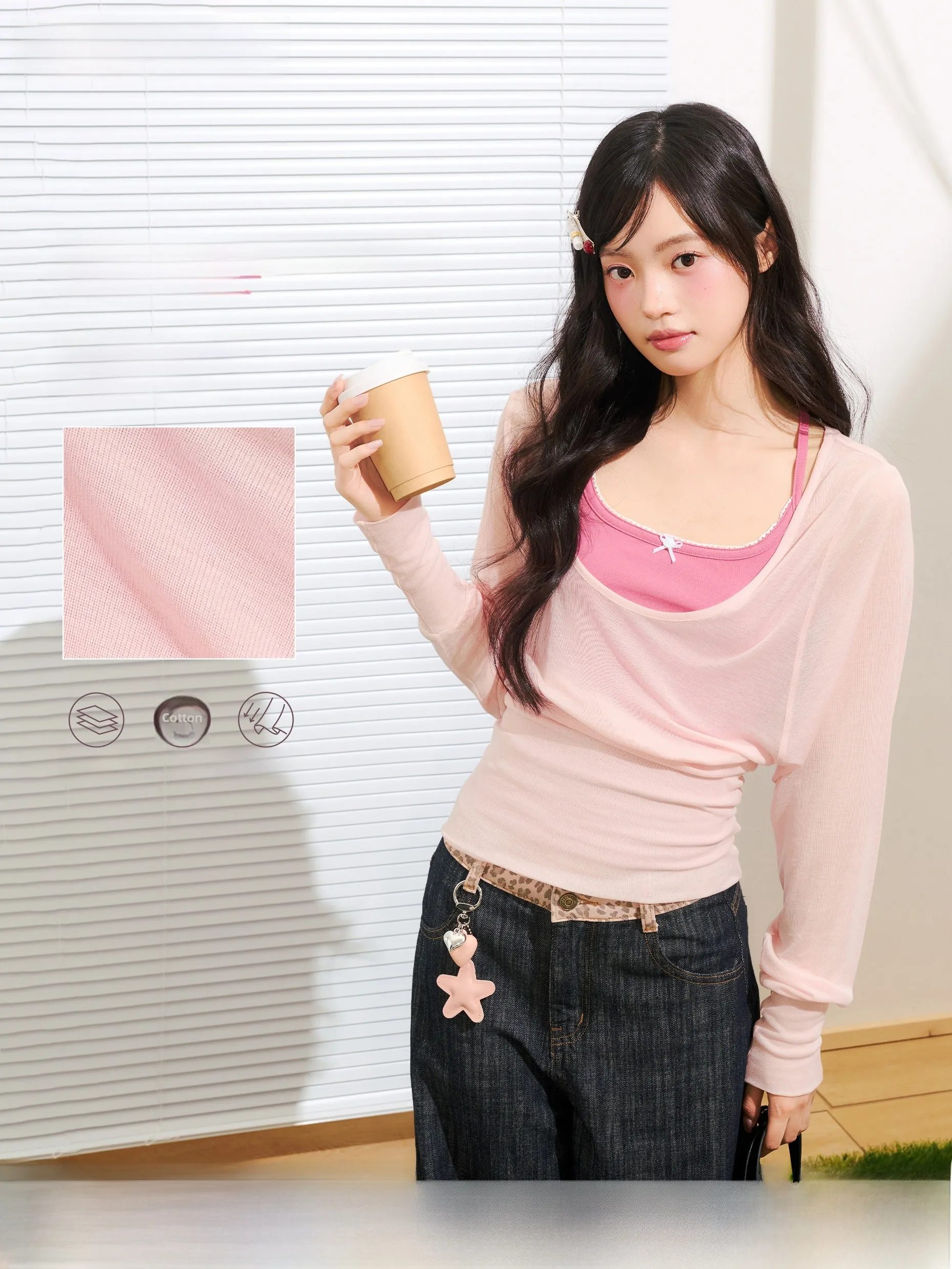 

Umoumo Long Sleeve T-Shirt Summer Sweet Korean Style All-Match Lyocell Thin Micro-Permeable Cover up Slimming Waist Design