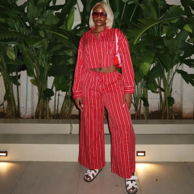 Red Striped Two Piece Set Summer Women Cropped Shirt + Wide Leg Pants Casual African Outfits Plus Size Loungewear Streetwear