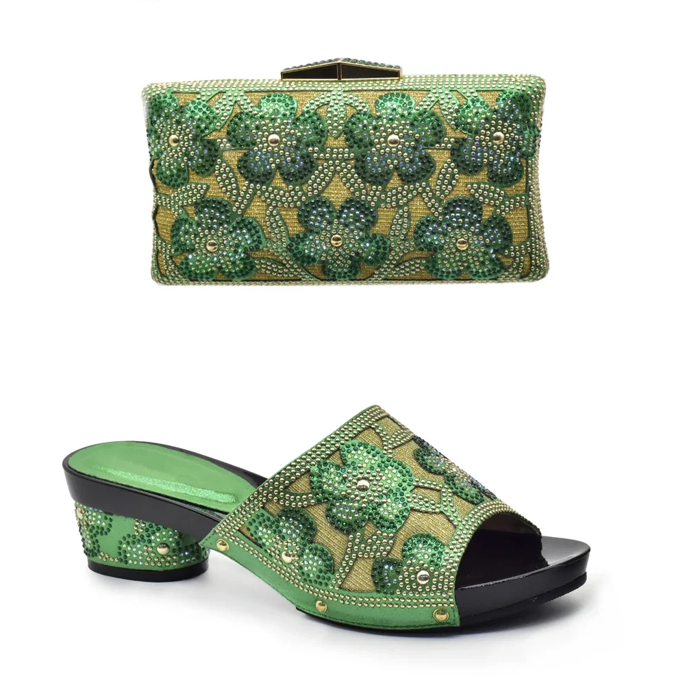 New Arrival Green Color Nigerian Shoes and Matching Bags Set Italian Ladies Shoes and Bags To Match Set Decorated with Rhinstone