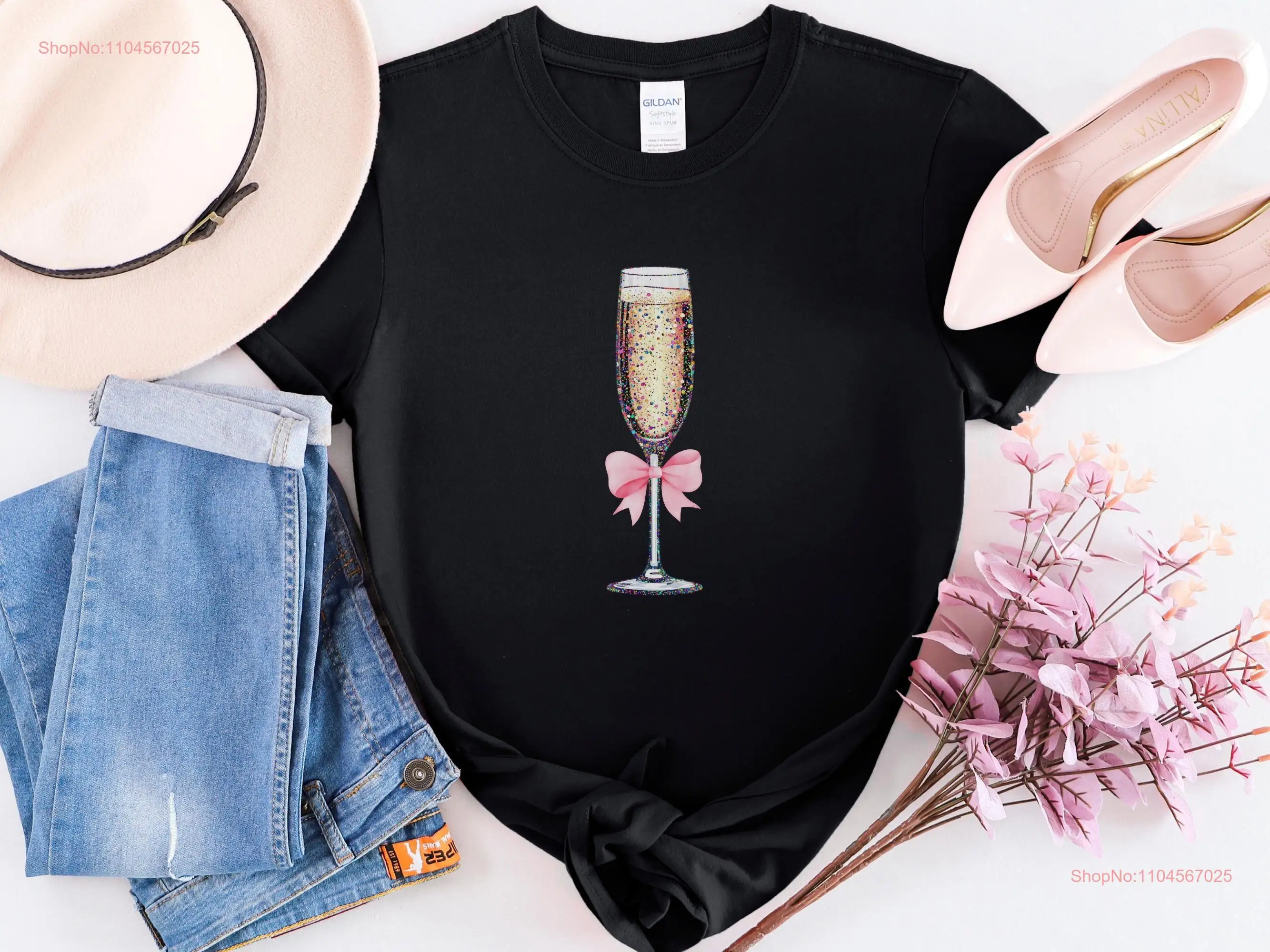 Camiseta Coquette Champagne, flauta con lazo rosa de Año Nuevo para amante, bebedero, mangas largas o cortas