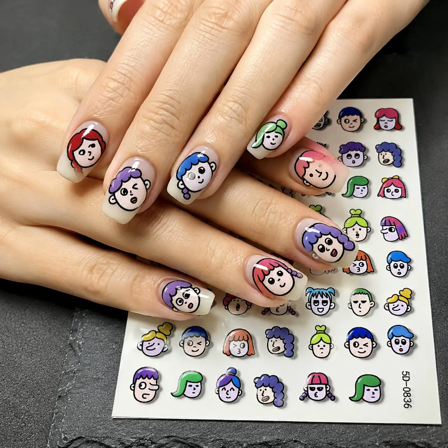 1Pc Vibrant 5D Cartoon Heads Fun Nail Sticker Multi Color Self Adhesive Fun Nail Decal Cute Quirky Styles Fun Nail Slider