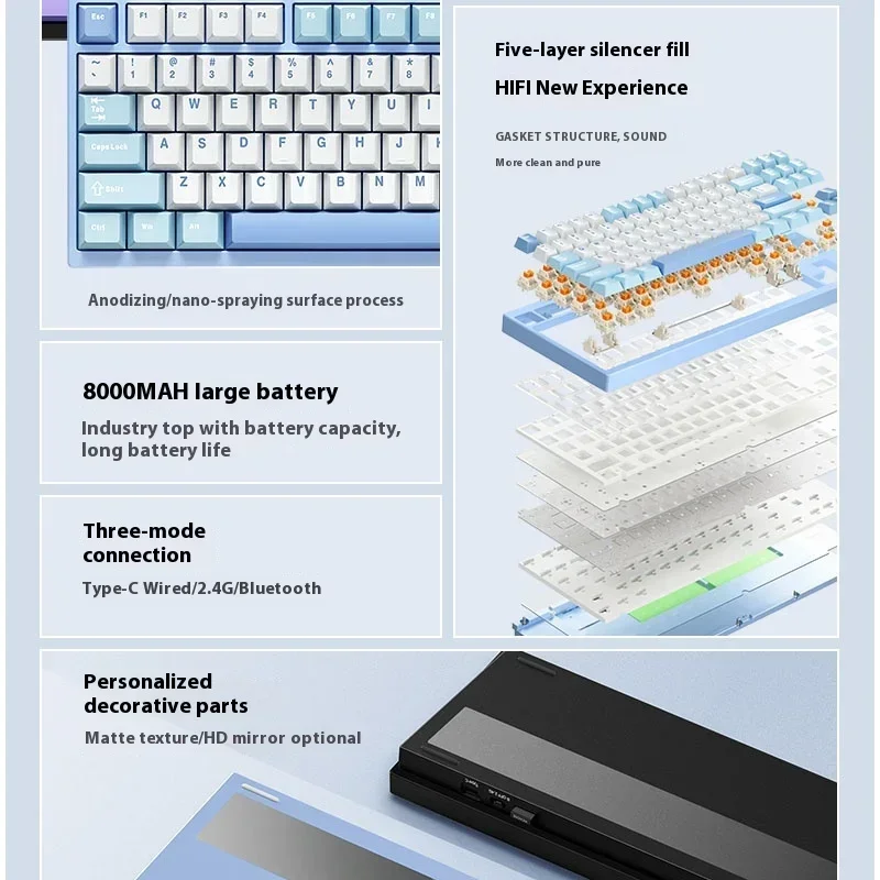 알루미늄 무선 기계식 키보드, 블루투스 87 키, 2.4G 유선 게임용 키보드, 핫스왑, RBG 게이머 비접촉 키보드, GX87