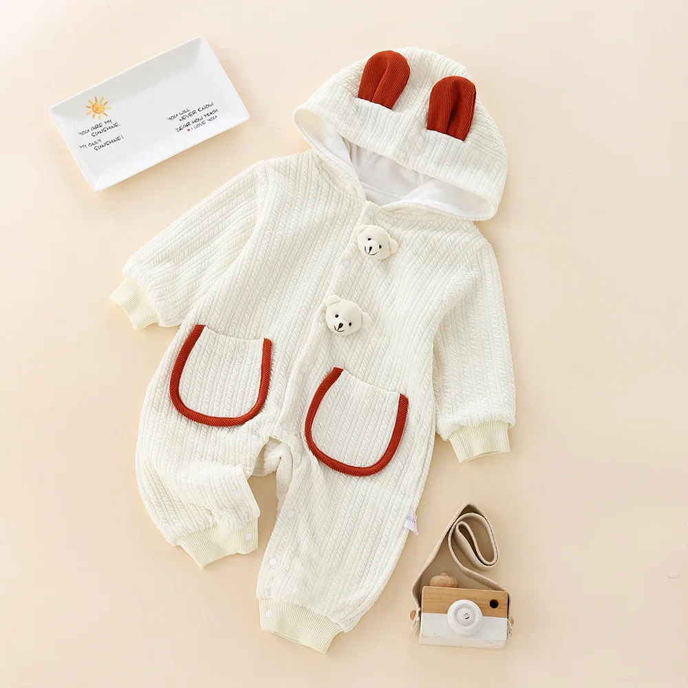 

Baby Bodysuit Boys Girls Cartoon Cute Hooded Bodysuit Newborn Comfortable Soft Double Pocket Bodysuit