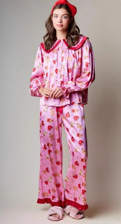 طقم بيجامة عيد الميلاد للسيدات مكون من قطعتين بيجامة بوليستر وردية مع ياقة بيتر بان مكشكشة وطباعة عطلة احتفالية طويلة #2