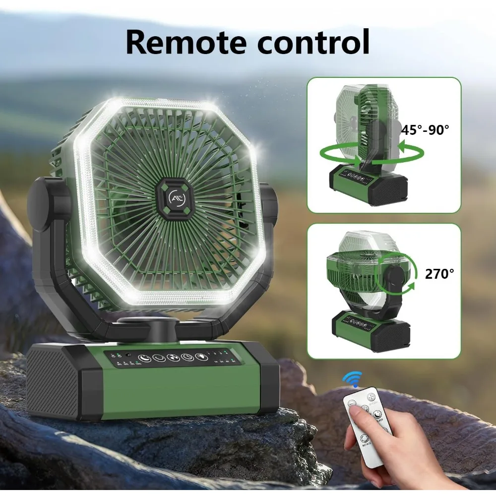 مروحة محمولة بقدرة 24000 مللي أمبير في الساعة تعمل بالبطارية وجهاز تحكم عن بعد وإضاءة LED 4 سرعات تدفق هواء قوي للمكتب والتخييم في صالة الألعاب الرياضية الخارجية والمكتب