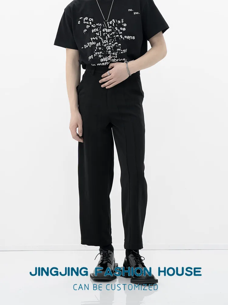 S-6XL!!2022 Original men's frilled hole stitching block nine minutes pants black casual style