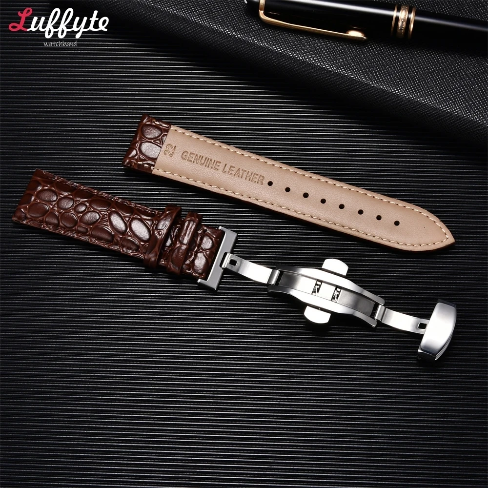 Embossed Leather Strap Watch Band with Automatic Butterfly Clasp Bracelet 18mm 20mm 22mm 24mm Wrist Band Watch Accessories