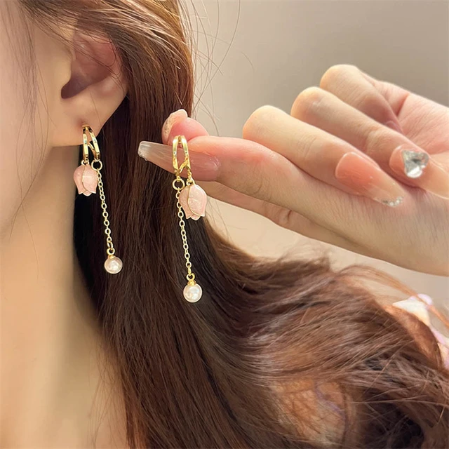Korean Pink Tulip Ear Clips Earrings for Female Fashion Temperament Long Pearl Clip on Earrings for Women Wedding Non Pierced AliExpress