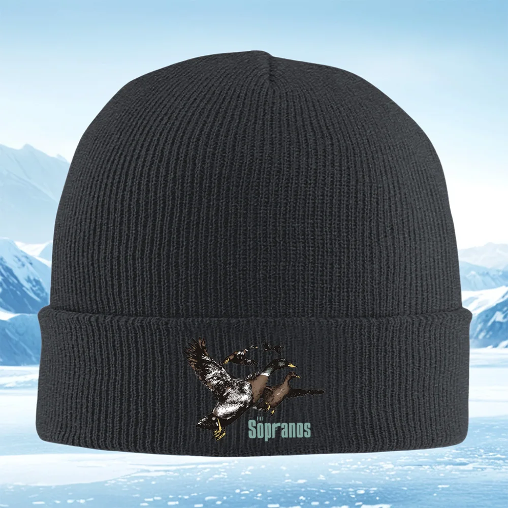 Flying ducks black background TV show logo Men Women Unisex Knitted Hat Beanie Pullover Cap Winter Thermal Warm Christmas Outdoo