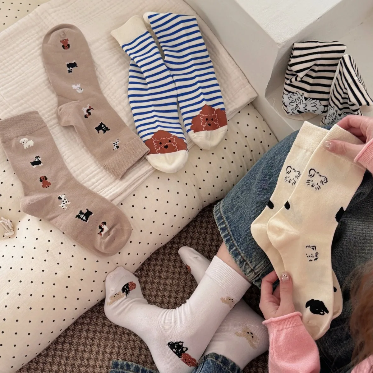 Cartoon Puppy Print Breathable Cotton Socks Women's Striped Mid Tube Cute Socks College Style Boneless Versatile Stacking Socks