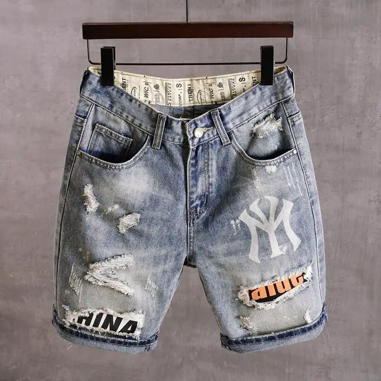 

Men's Denim Shorts With Holes Washed Korean Style Straight Quarter Patch Casual Jeans