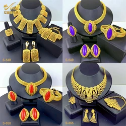 Fashion Ethiopian Bridal Necklace Earrings Sets With Pendant Indian Wedding 24k Gold Color Jewelry Set Dubai Choker Wholesales
