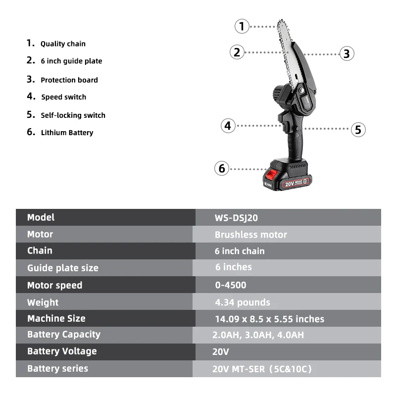 WOSAI 20V Brushless Saw 6 Inch Handheld Pruning Chain Saw Portable Mini Electric Saw Woodworking Cutting Tools MT-Series