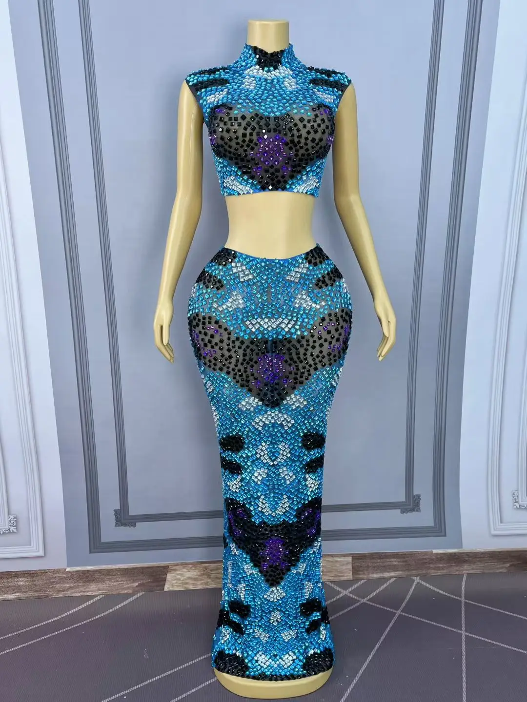 Sparkly Crystals Blue Black Crop Tops Long Skirt 2Pieces Set Birthday Party Sexy Outfit Festival Celebrate Evening Gown Huanqing view 5