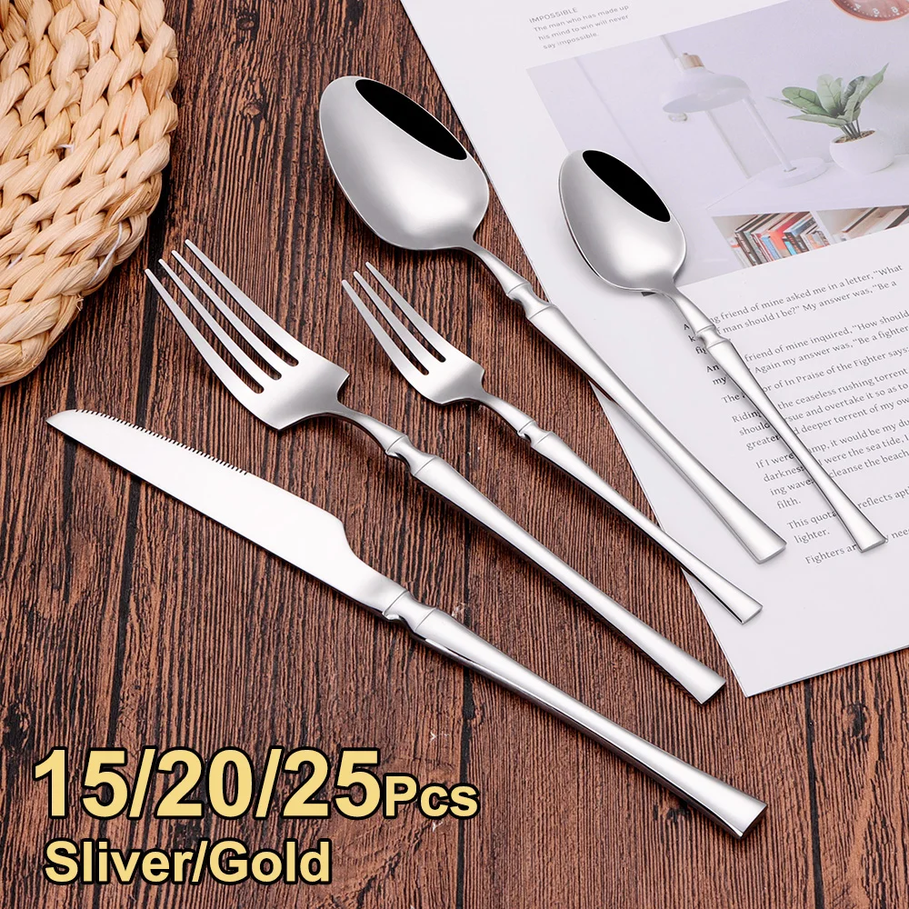 5/10/15/20/25Pcs Thin Tableware Sliver Knife Fork Spoon Stainless Steel Cutlery Western Gold Dinner Set Mirror Elegant Flatware