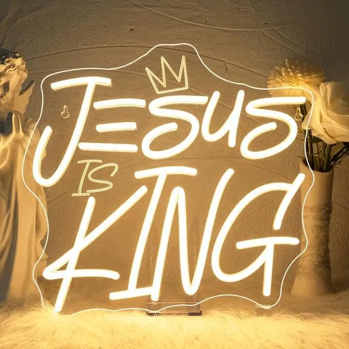 Jesus Is King Crown LED Neon Sign USB Neon Light Christian Home Prayer Room Church Christmas Religious Faith Theme Decor Gift