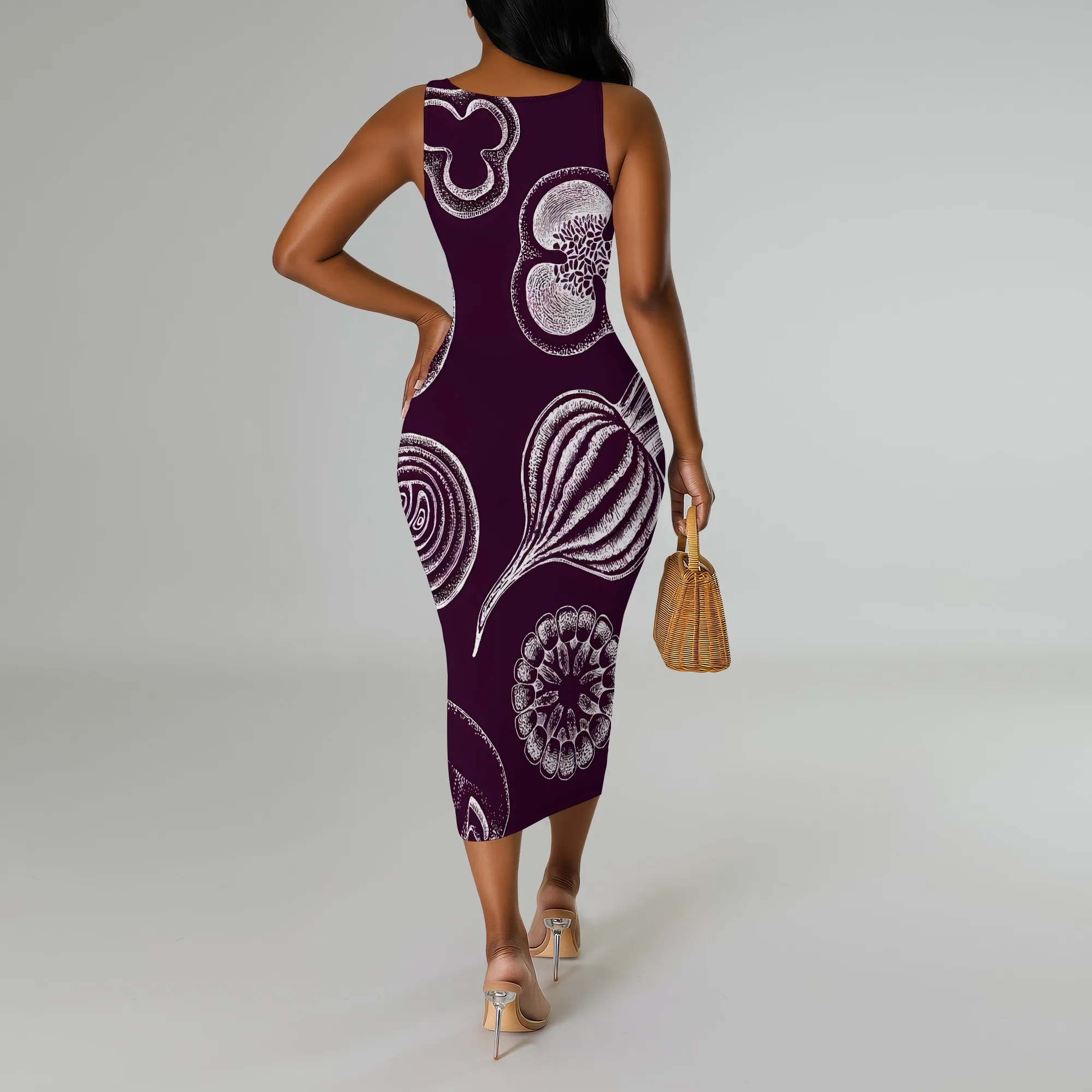 빈티지 스타일 쉘 패턴 Bodycon 탱크 드레스 여성 나이트 아웃을위한 민소매 미디 드레스