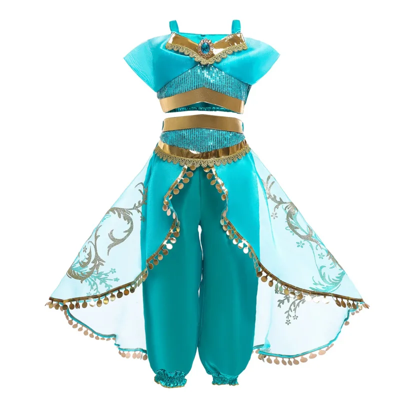 Jasmine Costume Girls Dress Aladdin The Magic Lamp Princess Birthday Party Halloween Cosplay Kids Clothing Wig Crown Set