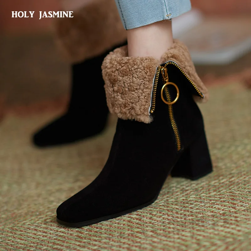 

2022 New Office Ladies Short Boots Women Ankle Boots Autumn Winter Warm Wool Genuine Leather High Heels Classic Shoes Woman