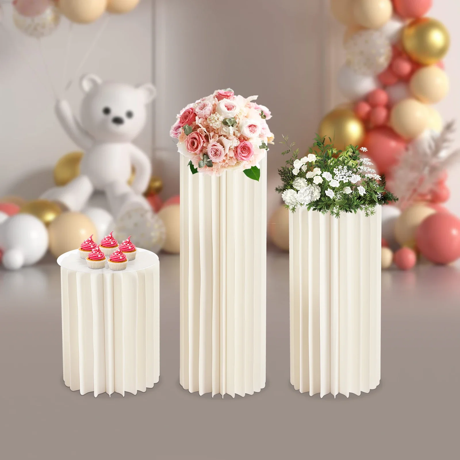 3 PCS Cardboard Cylinder Stands Foldable Paper Columns with 3 Acrylic Plates Reusable Cardboard Stands for Wedding Aisle Decors