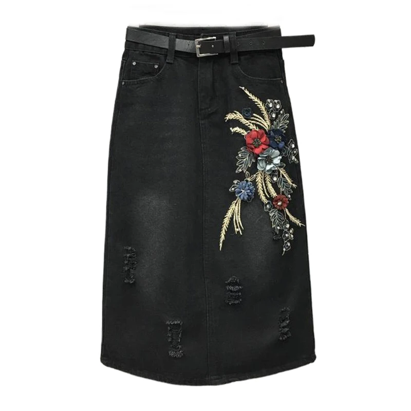 

New Chinese Style Women's Skirt, Black Floral Denim Skirt, High Waisted Elastic Denim Skirt, Women's Mid Length A-line Skirt