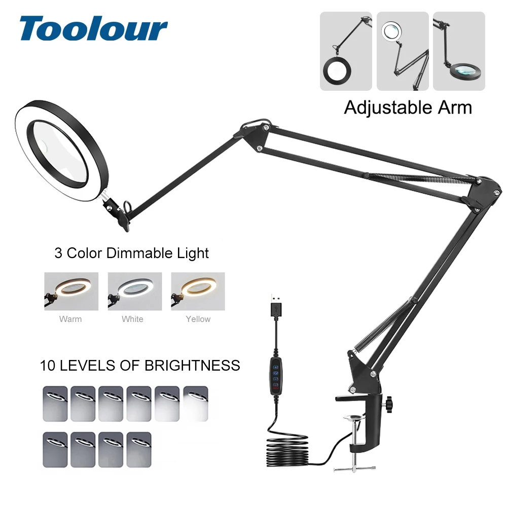 Toolour-lupa com Alça Flexível Lâmpada Led 3-seção Iluminado Soldagem Beleza Leitura Estudo 5x 10x