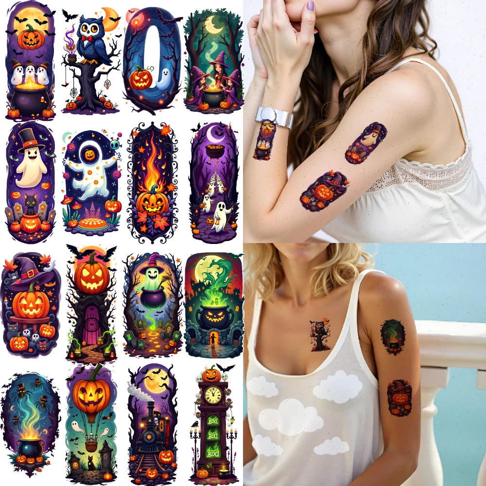 

9pcs Temporary Tattoo Pumpkin Halloween Skeleton Ghost Waterproof Long-lasting Body Stickers Witch For Women Boys Cheeks